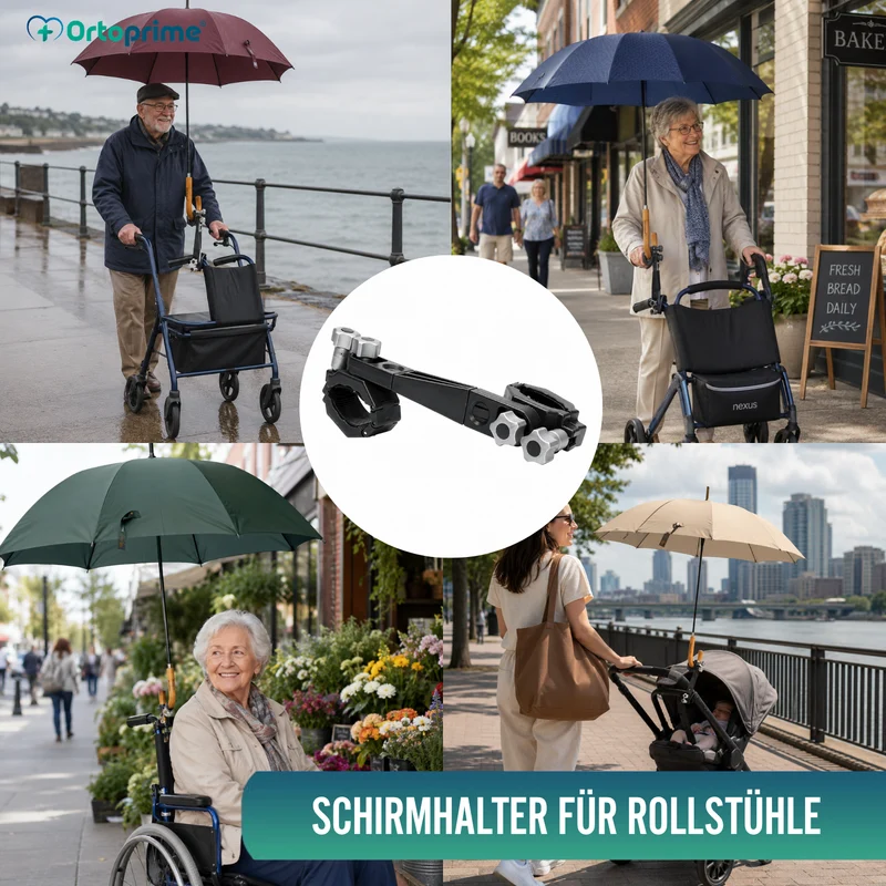 Universeller Regenschirmhalter für Rollstühle und Rollatoren