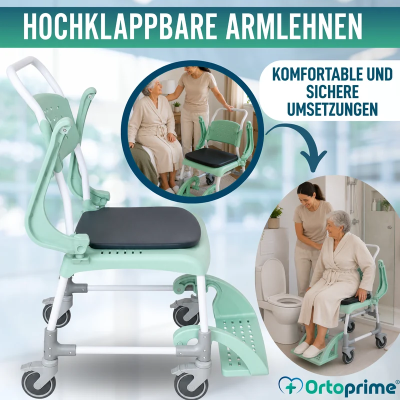 Dusch-Toilettenstuhl mit Rollen 3 in 1 | Sitz mit Ablauf