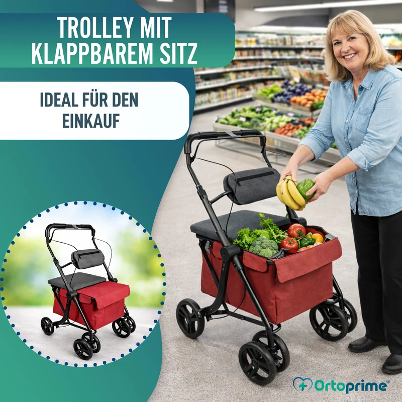 Rollator mit Einkaufstrolley | Integrierter Sitz