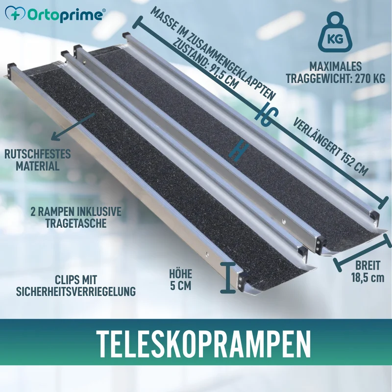 Teleskopische Rollstuhlrampe 270kg | Robuste Rampen