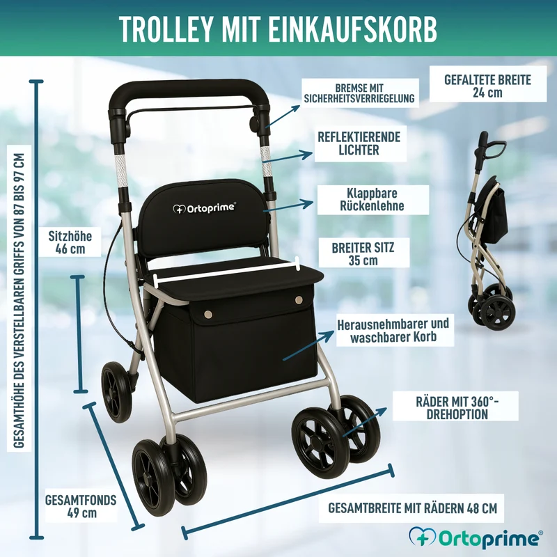 Faltbarer Rollator für Erwachsene mit Einkaufskorb