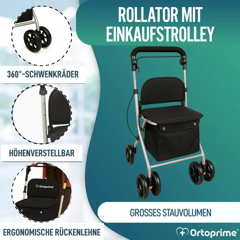 Faltbarer Rollator für Erwachsene mit Einkaufskorb