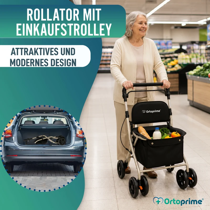 Faltbarer Rollator für Erwachsene mit Einkaufskorb