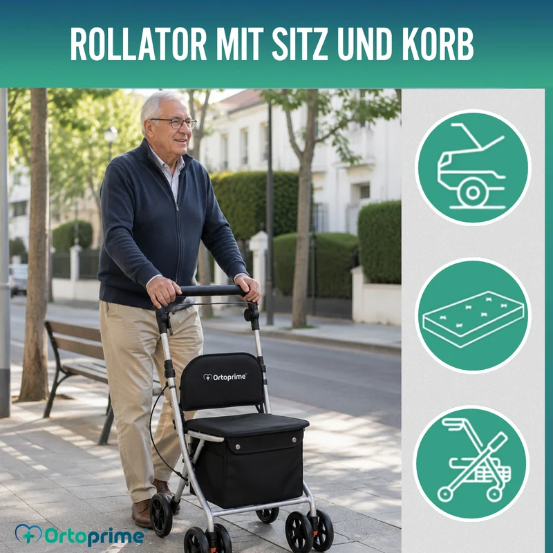 Faltbarer Rollator für Erwachsene mit Einkaufskorb