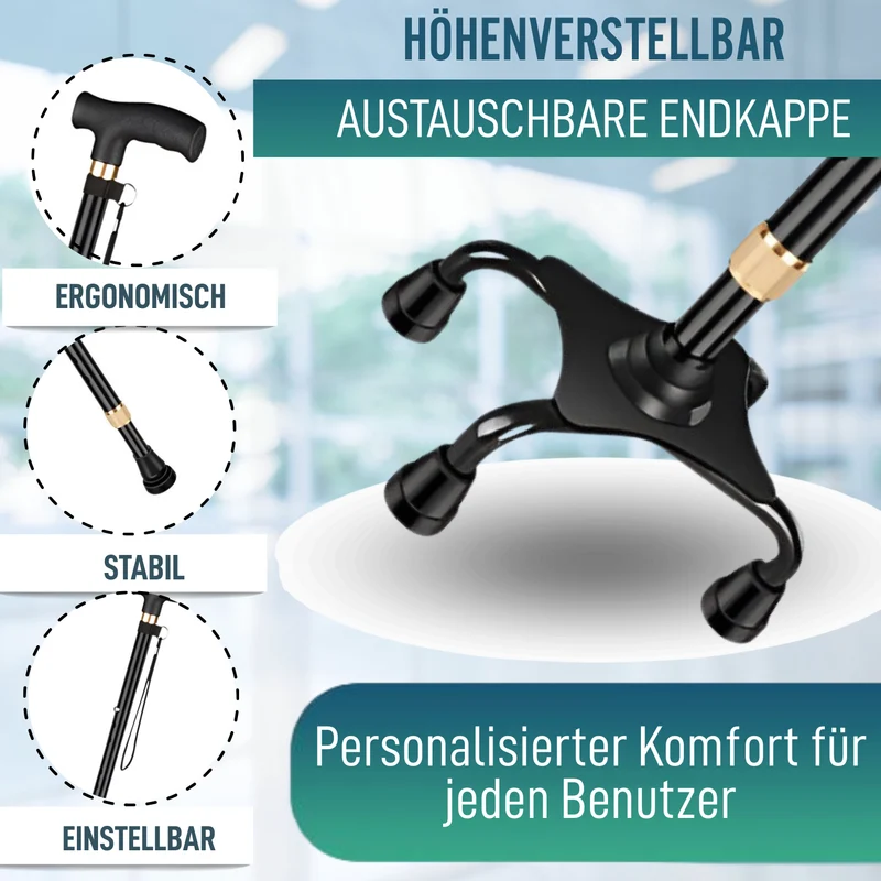Verstellbarer 4-Bein Gehstock | Mit Umwandelbarem Fuß