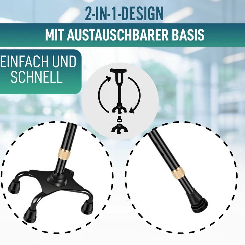 Verstellbarer 4-Bein Gehstock | Mit Umwandelbarem Fuß