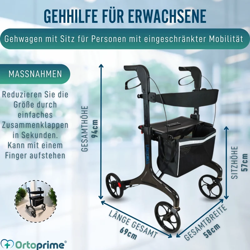 Faltbarer Rollator für Erwachsene mit Sitz | Karbonfaser