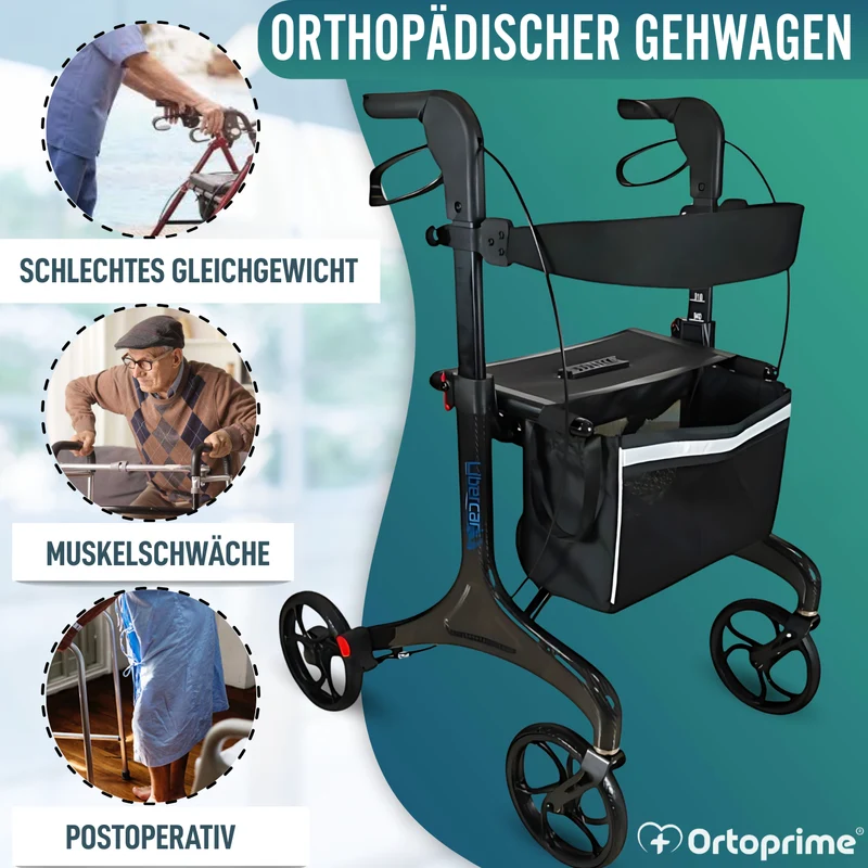 Faltbarer Rollator für Erwachsene mit Sitz | Karbonfaser