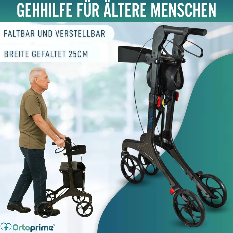 Faltbarer Rollator für Erwachsene mit Sitz | Karbonfaser