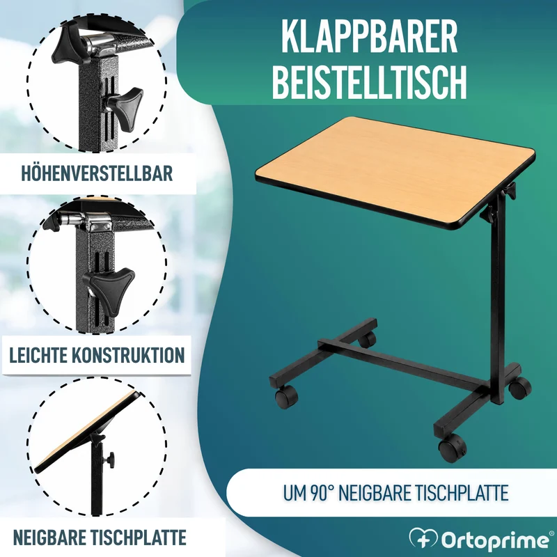Klappbarer Beistelltisch mit höhenverstellbarer abklappbarer 90° Tischplatte