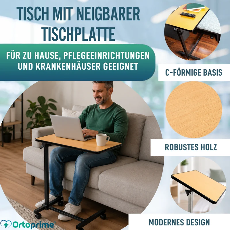Klappbarer Beistelltisch mit höhenverstellbarer abklappbarer 90° Tischplatte