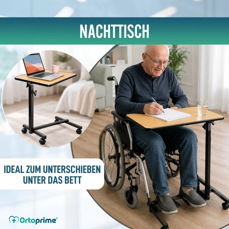 Klappbarer Beistelltisch mit höhenverstellbarer abklappbarer 90° Tischplatte