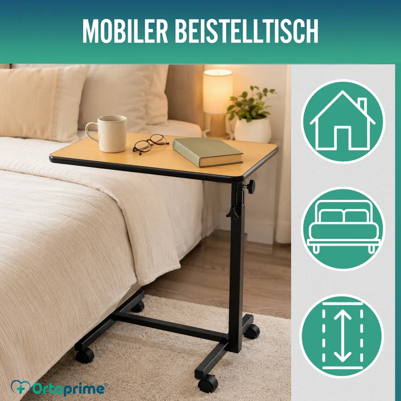 Klappbarer Beistelltisch mit höhenverstellbarer abklappbarer 90° Tischplatte