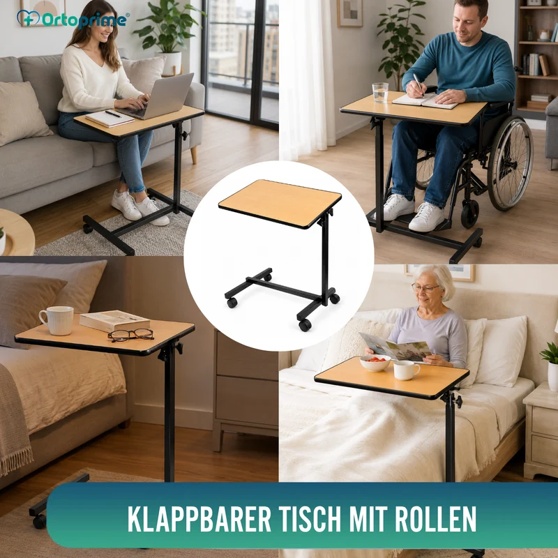 Klappbarer Beistelltisch mit höhenverstellbarer abklappbarer 90° Tischplatte