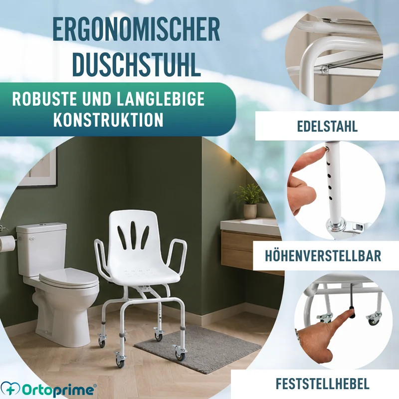 Drehbarer Duschstuhl mit Rädern | Badezimmerstuhl für Erwachsene