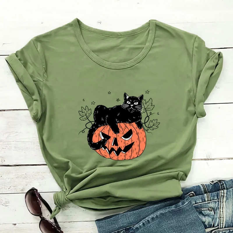 Kurzarm-T-Shirt mit Katzen-Kürbis-Print in Übergröße