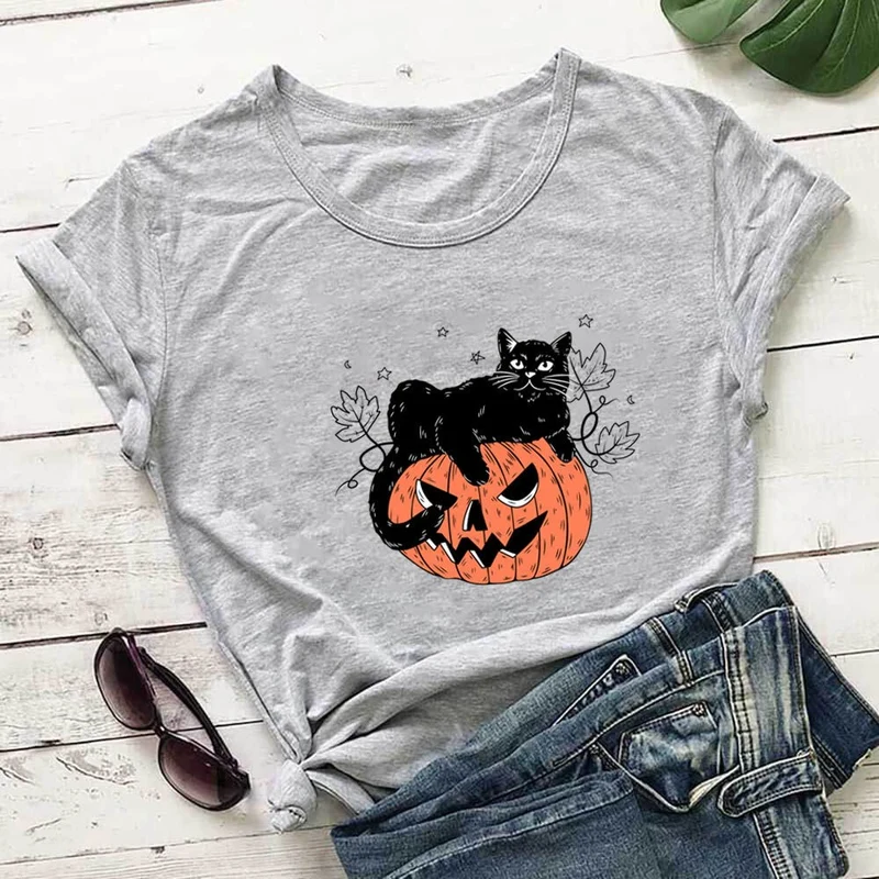Kurzarm-T-Shirt mit Katzen-Kürbis-Print in Übergröße