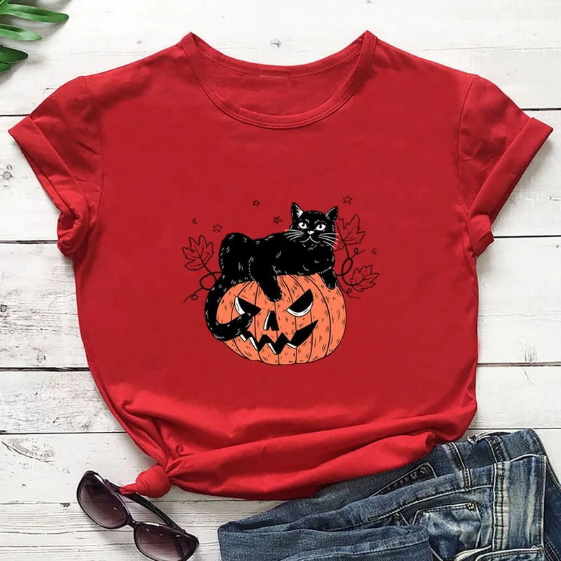 Kurzarm-T-Shirt mit Katzen-Kürbis-Print in Übergröße