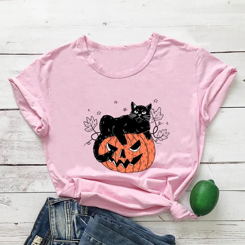 Kurzarm-T-Shirt mit Katzen-Kürbis-Print in Übergröße