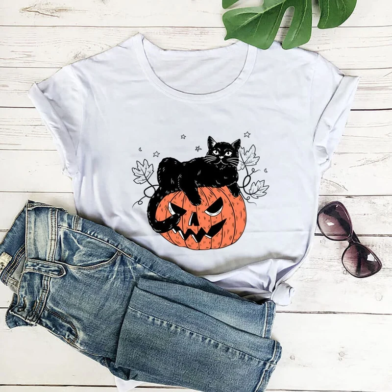 Kurzarm-T-Shirt mit Katzen-Kürbis-Print in Übergröße