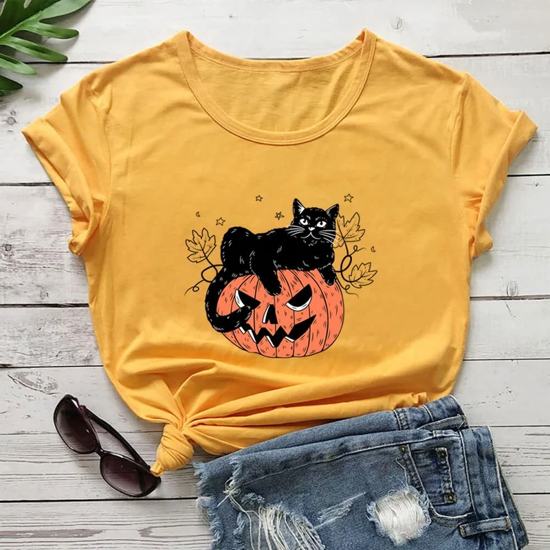 Kurzarm-T-Shirt mit Katzen-Kürbis-Print in Übergröße