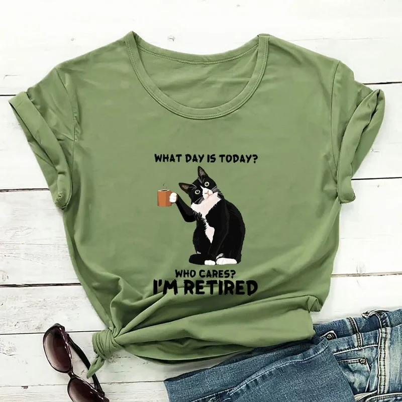 Plus Size Kurzarm-T-Shirt mit Katzenmotiv im Ruhestand