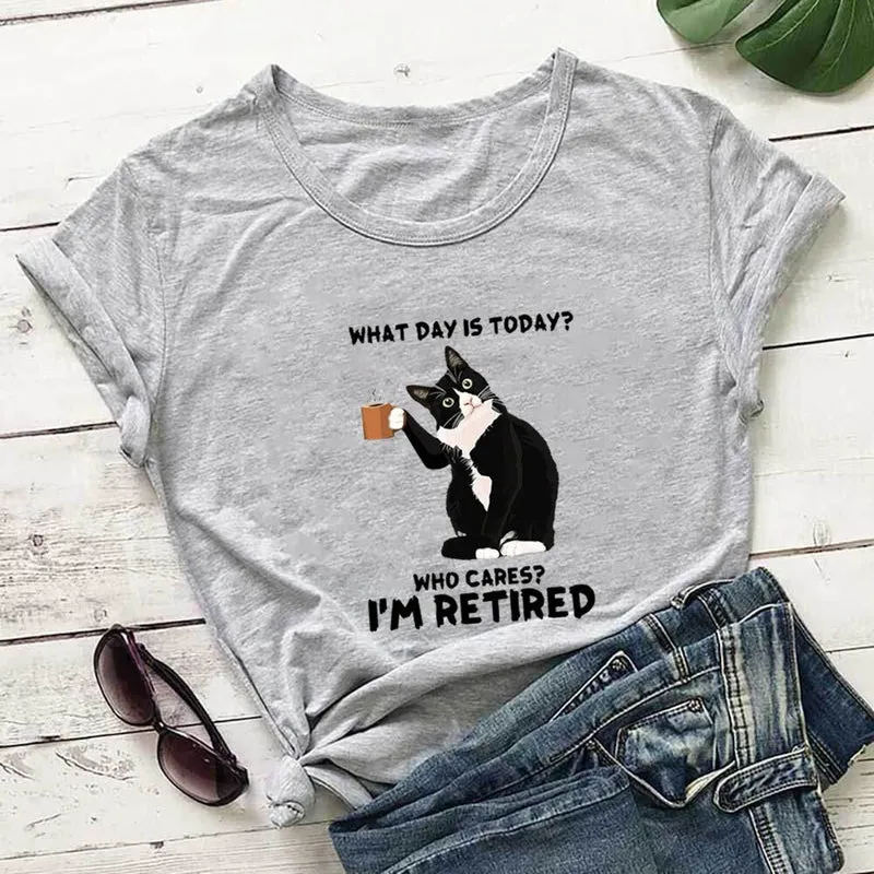 Plus Size Kurzarm-T-Shirt mit Katzenmotiv im Ruhestand