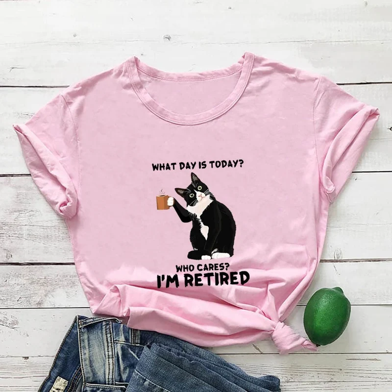 Plus Size Kurzarm-T-Shirt mit Katzenmotiv im Ruhestand