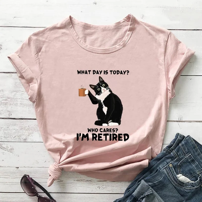 Plus Size Kurzarm-T-Shirt mit Katzenmotiv im Ruhestand