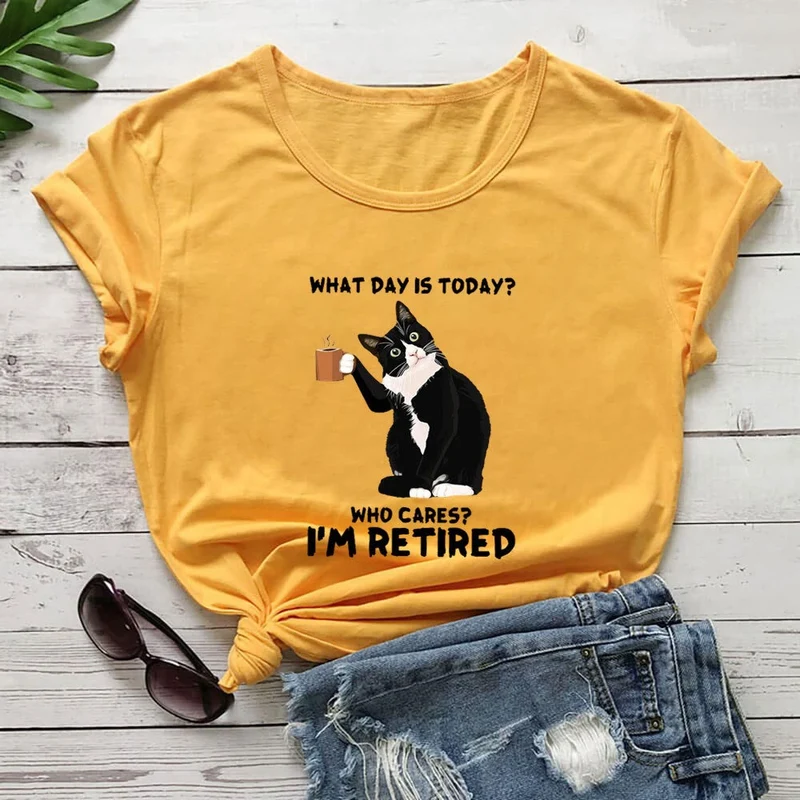 Plus Size Kurzarm-T-Shirt mit Katzenmotiv im Ruhestand