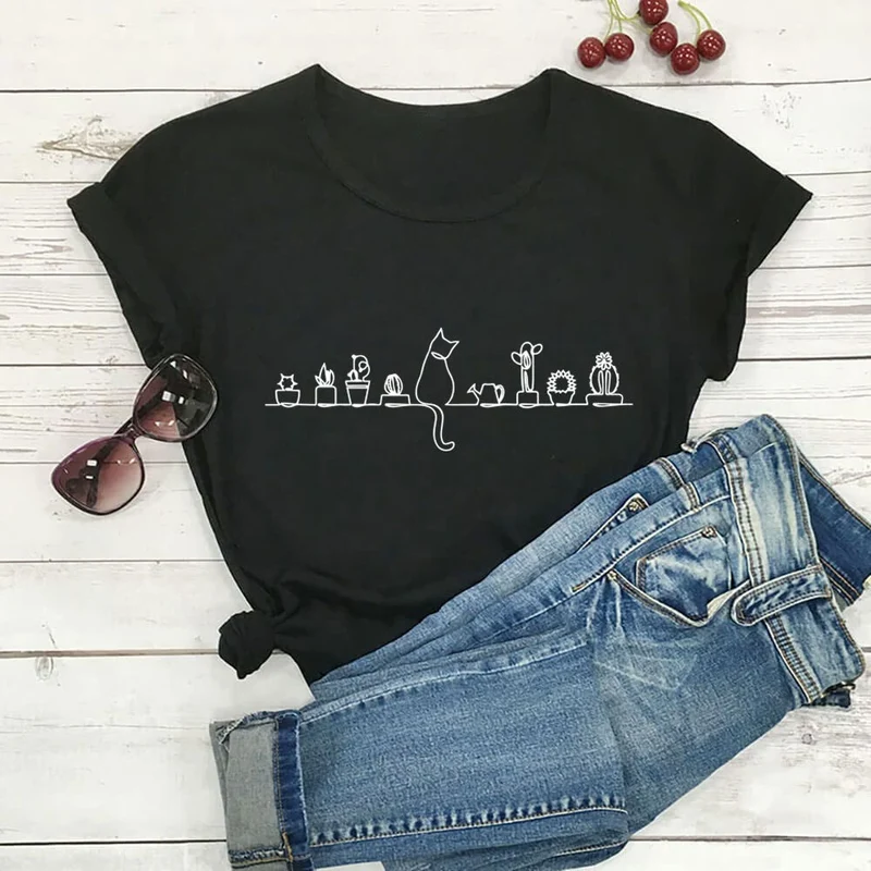 Plus Size Katzenblumen Kurzarm-T-Shirt