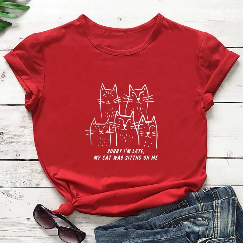 Plus Size Katzen-T-Shirt mit lustigem Buchstabenaufdruck und kurzen Ärmeln