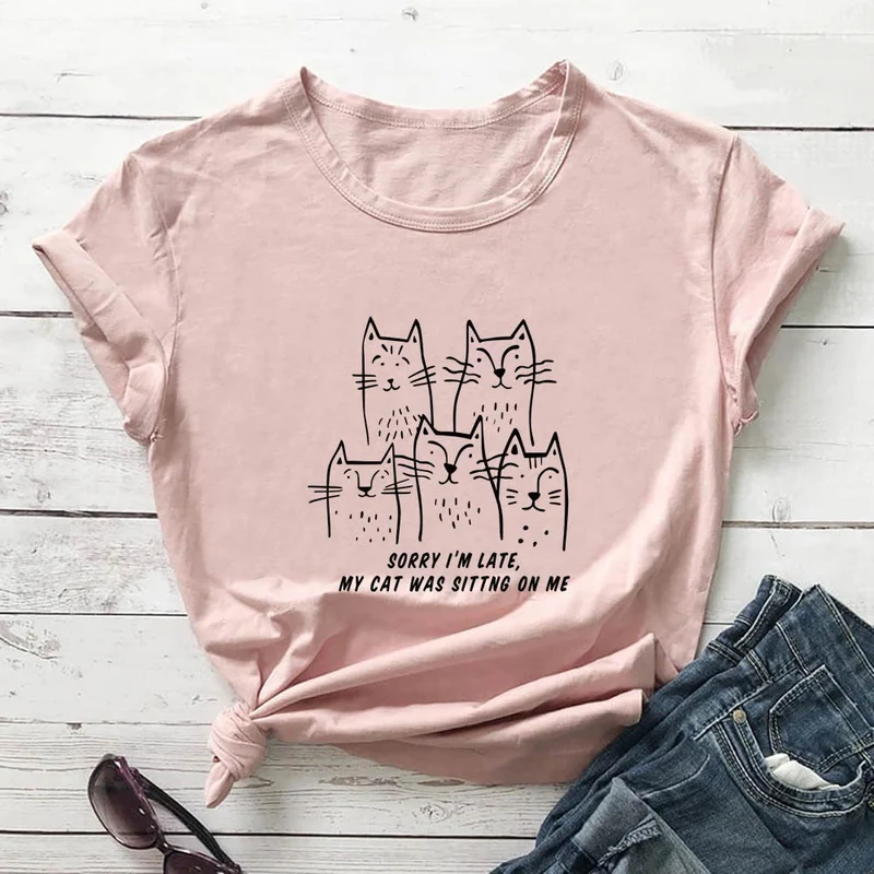 Plus Size Katzen-T-Shirt mit lustigem Buchstabenaufdruck und kurzen Ärmeln