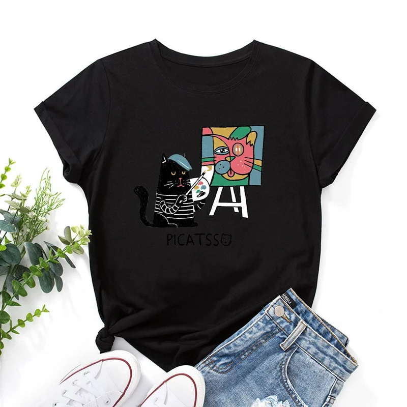 T-Shirt mit Cartoon-Katzenprint in Übergröße