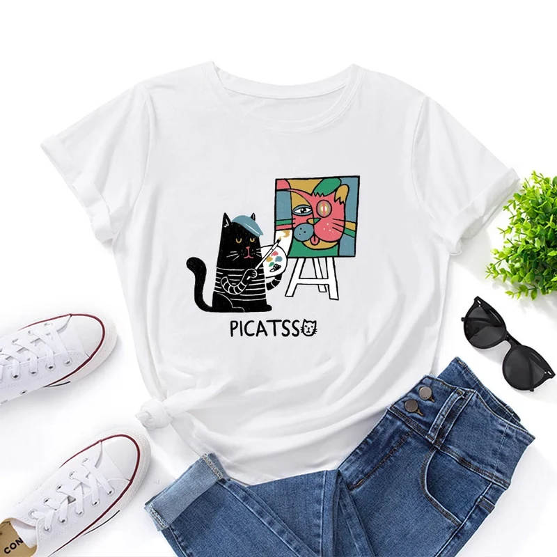 T-Shirt mit Cartoon-Katzenprint in Übergröße