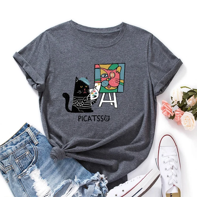 T-Shirt mit Cartoon-Katzenprint in Übergröße