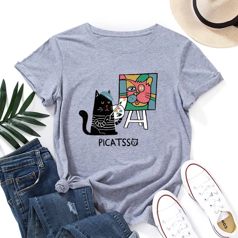 T-Shirt mit Cartoon-Katzenprint in Übergröße