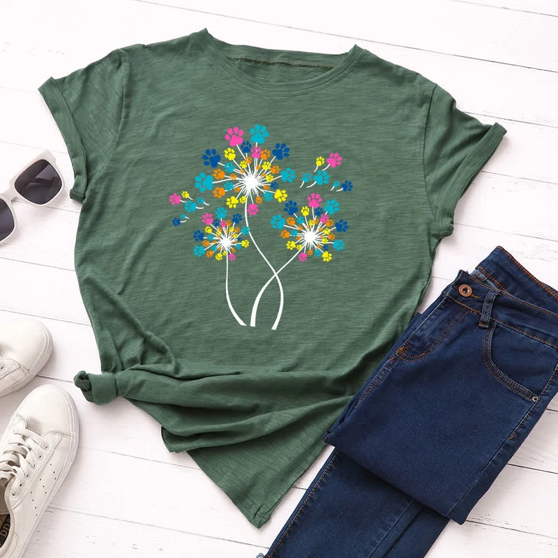 Kreatives Löwenzahn-Kurzarm-T-Shirt in Übergröße