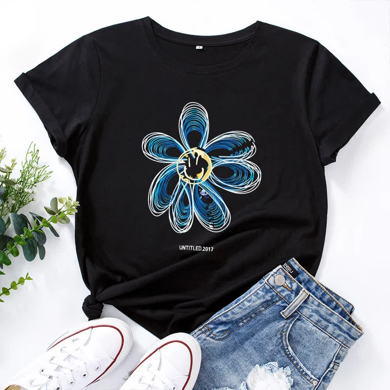 Kreatives Kurzarm-T-Shirt mit Blumenmuster in Übergröße