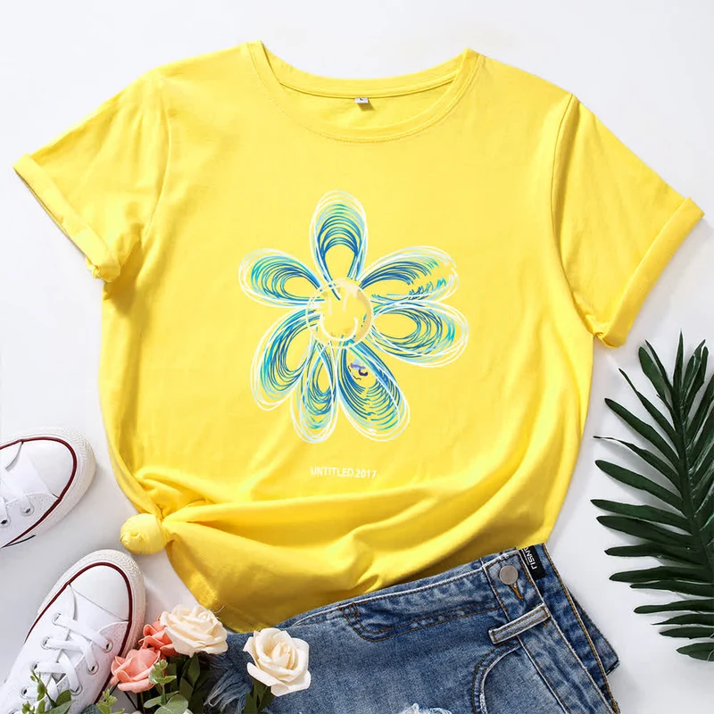Kreatives Kurzarm-T-Shirt mit Blumenmuster in Übergröße