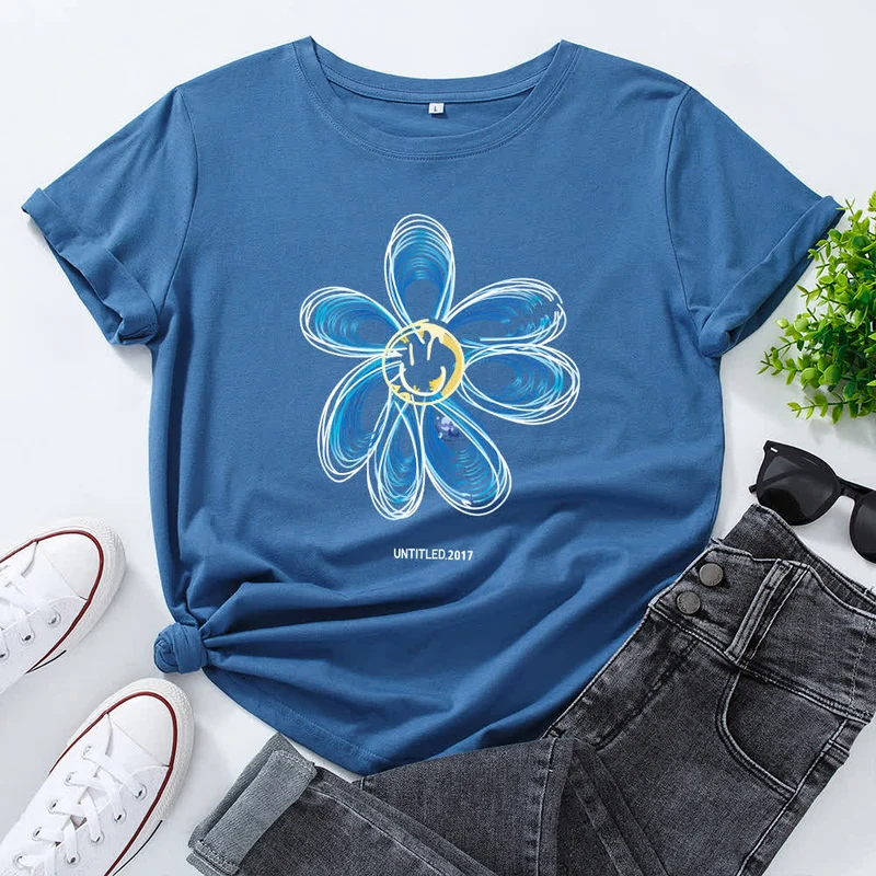 Kreatives Kurzarm-T-Shirt mit Blumenmuster in Übergröße