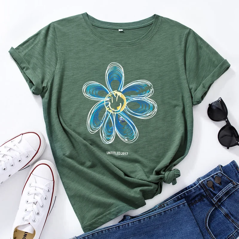 Kreatives Kurzarm-T-Shirt mit Blumenmuster in Übergröße