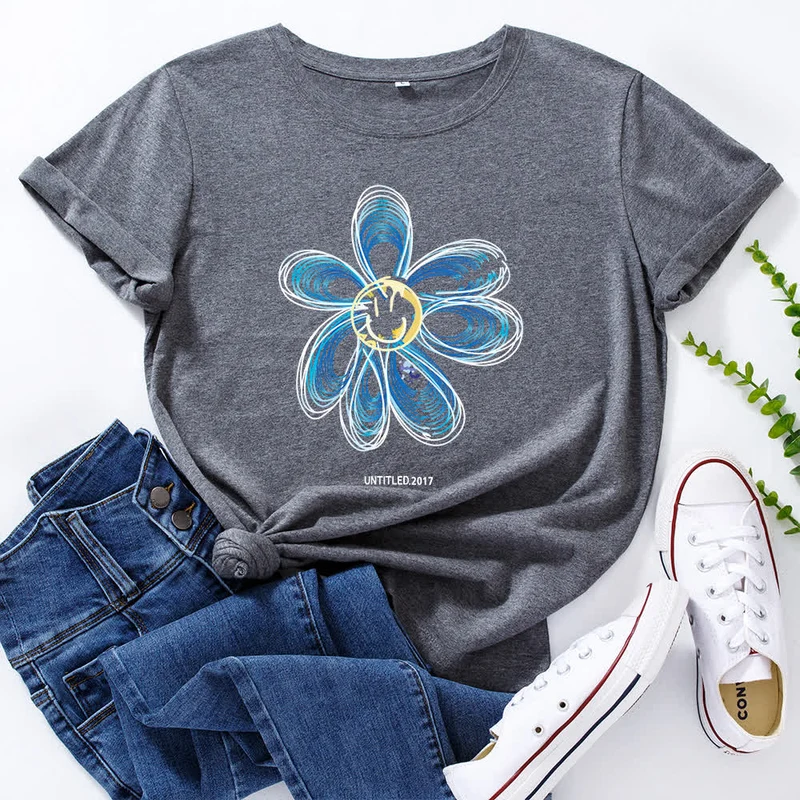 Kreatives Kurzarm-T-Shirt mit Blumenmuster in Übergröße