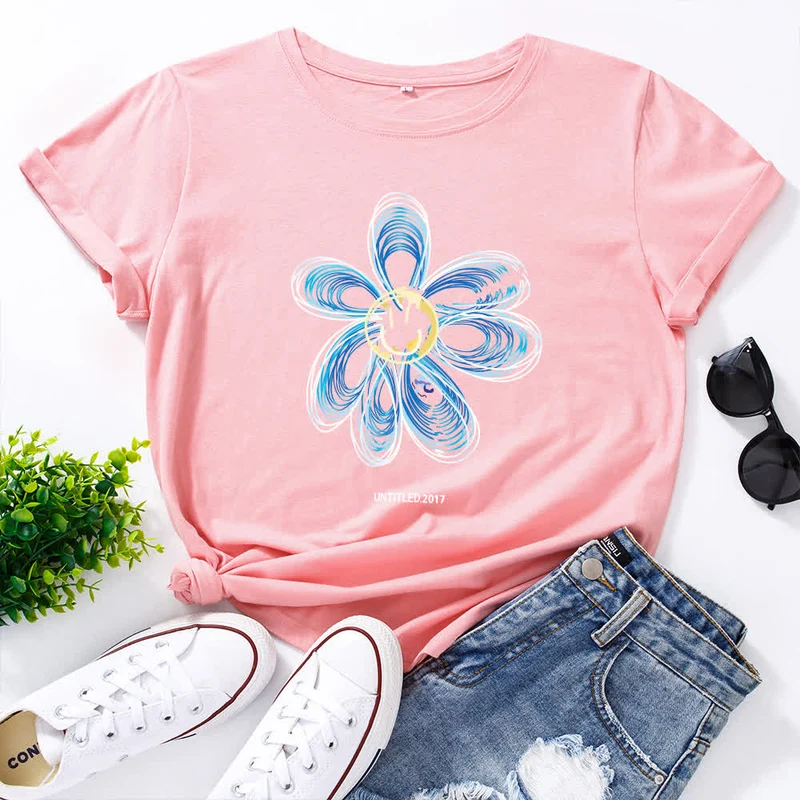 Kreatives Kurzarm-T-Shirt mit Blumenmuster in Übergröße
