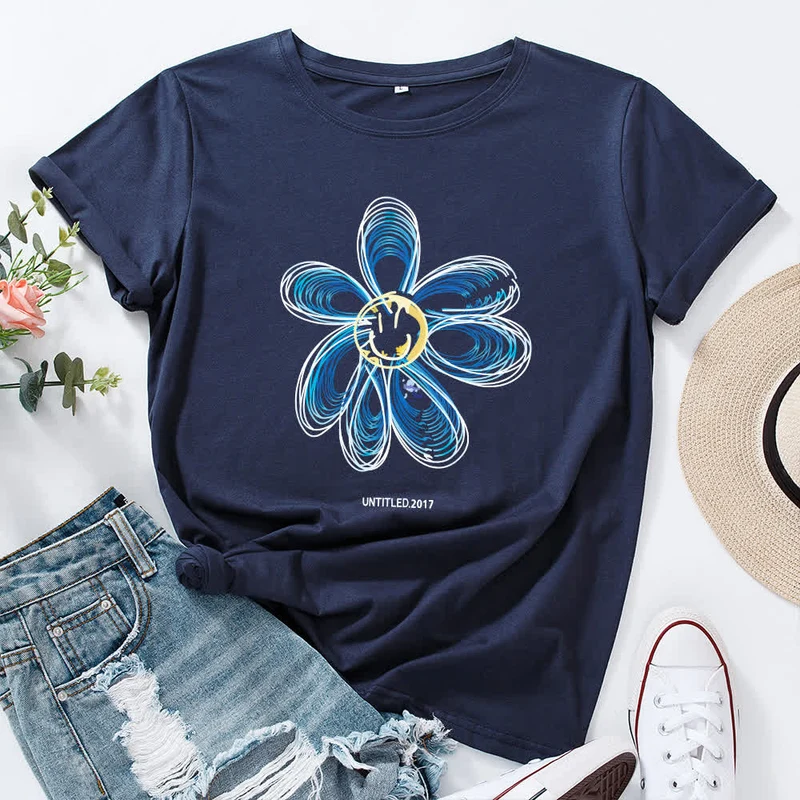 Kreatives Kurzarm-T-Shirt mit Blumenmuster in Übergröße