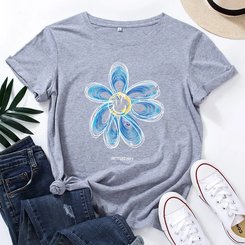 Kreatives Kurzarm-T-Shirt mit Blumenmuster in Übergröße