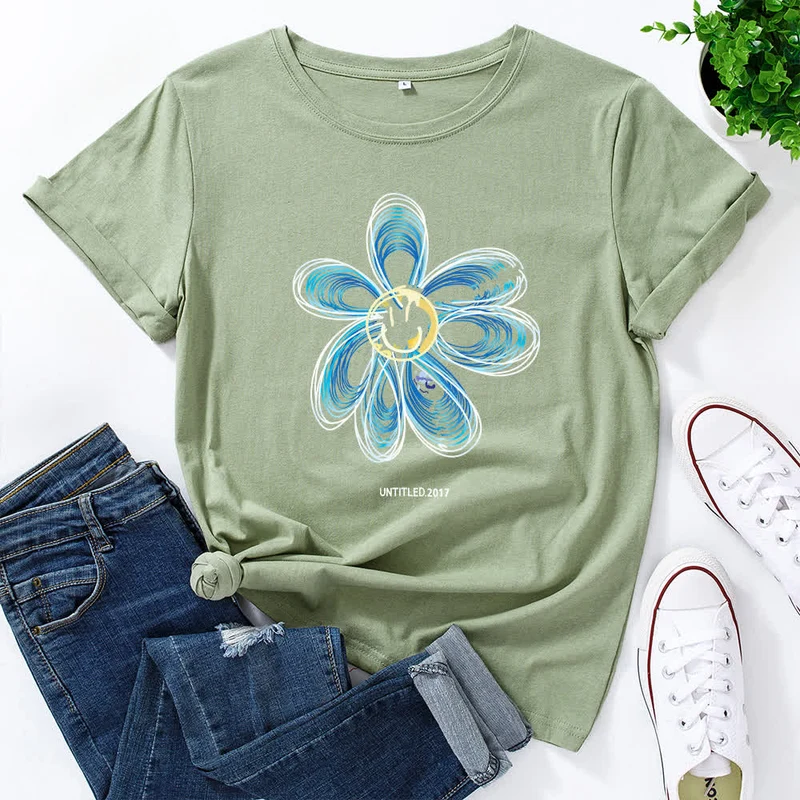 Kreatives Kurzarm-T-Shirt mit Blumenmuster in Übergröße