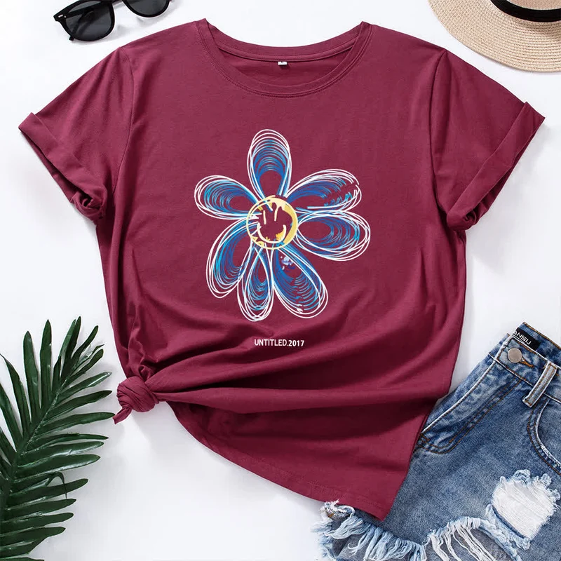 Kreatives Kurzarm-T-Shirt mit Blumenmuster in Übergröße