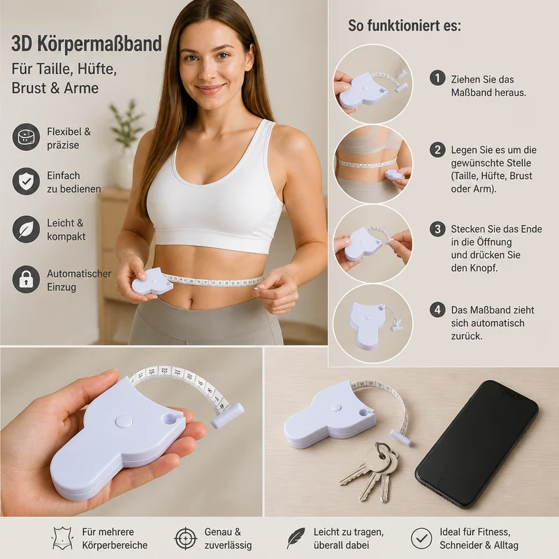 Einziehbares 3D-Körpermaßband für Taille, Hüfte, Brust & Arme
