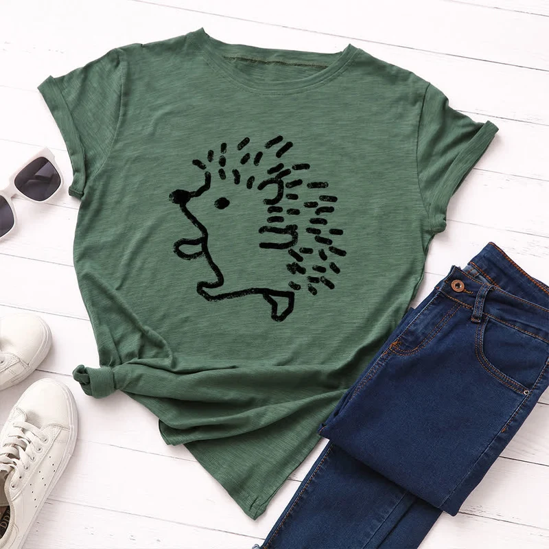 T-Shirt mit Rundhalsausschnitt und kurzen Ärmeln in Übergröße mit Igel-Print